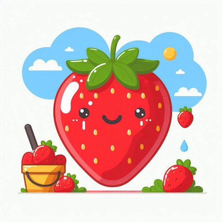 Strawberry cartoon character with a bucket of fresh strawberries. Vector illustration.のイラスト素材