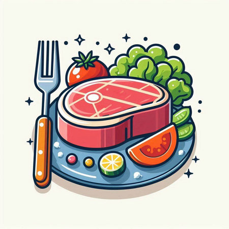 Steak with vegetables and cutlery. Vector cartoon illustration.のイラスト素材