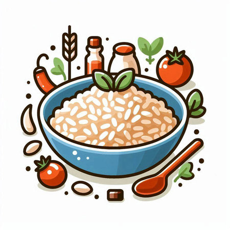 Vector illustration of a bowl of rice with vegetables, herbs and spicesのイラスト素材