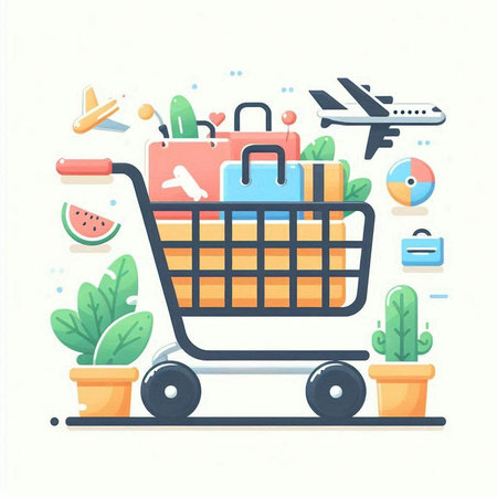 Shopping cart full of products. Vector illustration in flat style.のイラスト素材