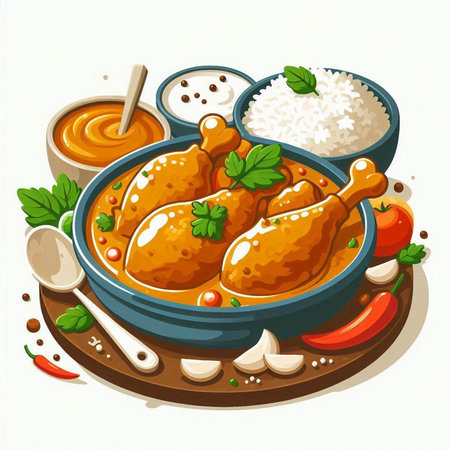 Chicken drumstick in curry sauce with rice and vegetables. Vector illustration.のイラスト素材