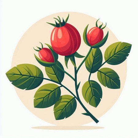Rosehip branch with ripe berries. Vector illustration in cartoon style.のイラスト素材