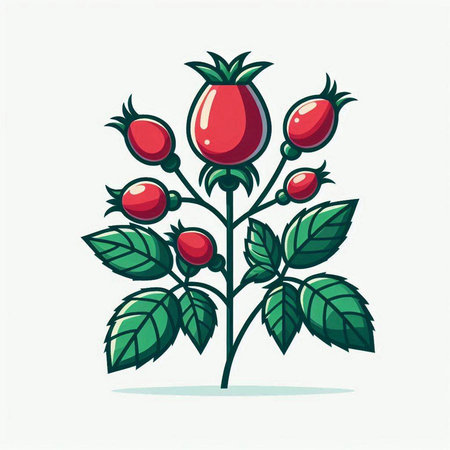 Rosehip branch with berries and leaves. Vector illustration in cartoon style.のイラスト素材