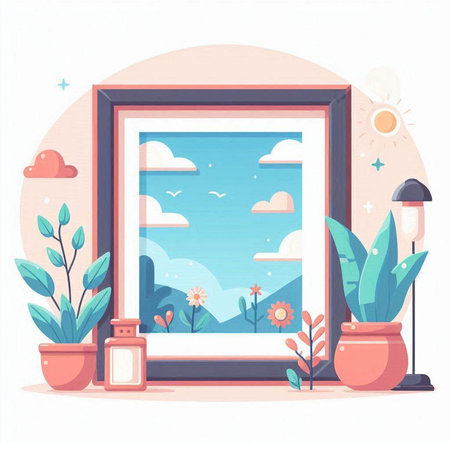 Vector illustration of a window with a view of the sky and flowers.のイラスト素材