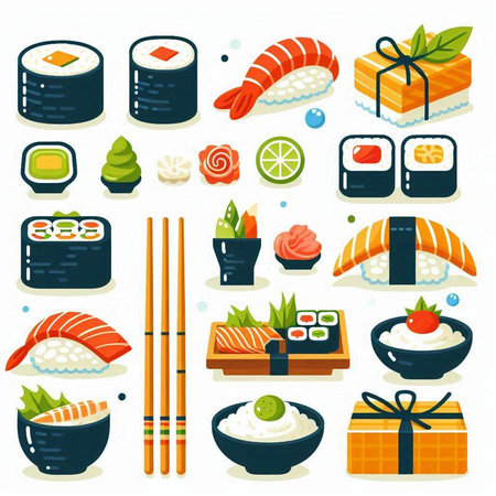 Japanese food icon set in flat style. Sushi, nigiri, nigiri, uramaki, nigiri, japanese rolls, sushi rolls, sushi rolls, sushi rolls. Vector illustrationのイラスト素材