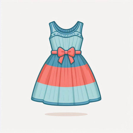 Vector illustration of a cute blue dress with a red bow on a white backgroundのイラスト素材
