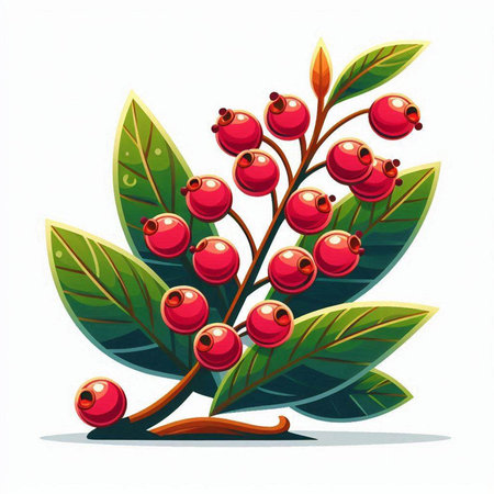 Illustration of red berries and green leaves on a white background.のイラスト素材