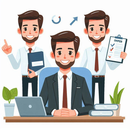Businessman in office. Teamwork concept. Vector illustration in cartoon styleのイラスト素材
