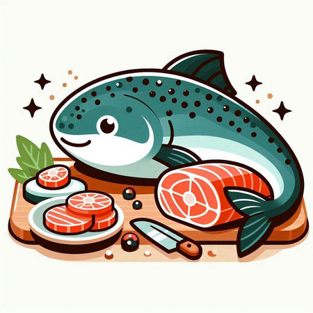 Vector illustration of a fresh salmon and vegetables on a cutting board.のイラスト素材