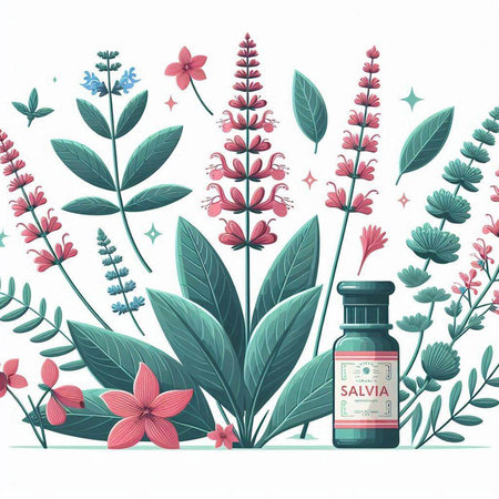 Bottle of essential oil with flowers and herbs. Vector illustration.のイラスト素材