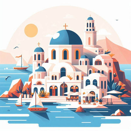 Santorini island, Greece. Flat style vector illustration.のイラスト素材