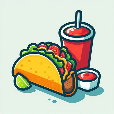 Illustration of a taco and a glass of cola on a light backgroundのイラスト素材