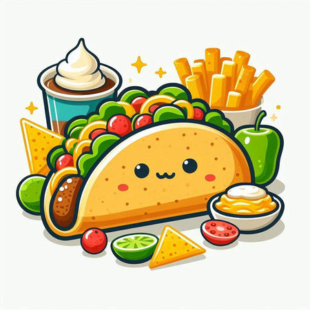 Vector illustration of a cute smiling taco with french fries, ice cream and salad.のイラスト素材