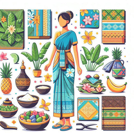 Indonesian girl in traditional clothes. Set of vector illustrations.のイラスト素材