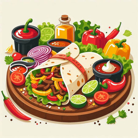 Mexican tacos with vegetables and sauces. Vector illustration in cartoon styleのイラスト素材