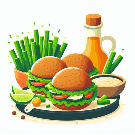 Burgers with sauce and vegetables on a plate. Vector illustrationのイラスト素材