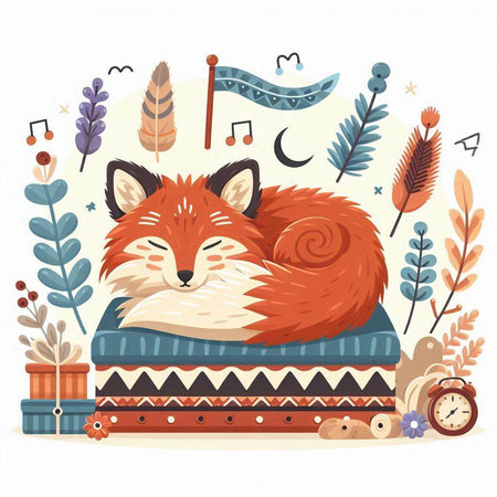 Cute cartoon fox sleeping on a pillow. Vector illustration in a flat style.のイラスト素材