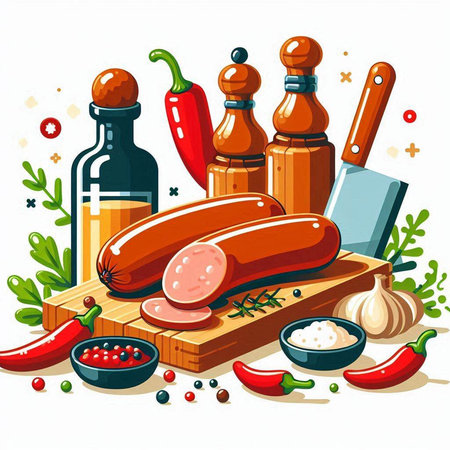 Sausages on cutting board with spices and herbs. Vector illustrationのイラスト素材
