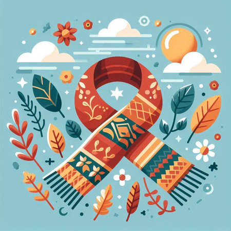 Vector illustration of scarf and autumn leaves in flat style on blue background.のイラスト素材