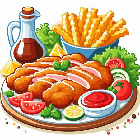 Illustration of fried fish with french fries and salad on a white backgroundのイラスト素材