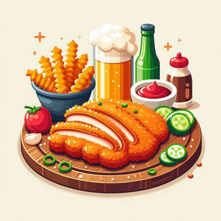 Illustration of fried chicken fillet with french fries and beer on wooden boardのイラスト素材