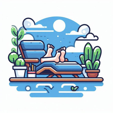 Relaxing on a deck chair. Vector illustration in flat styleのイラスト素材