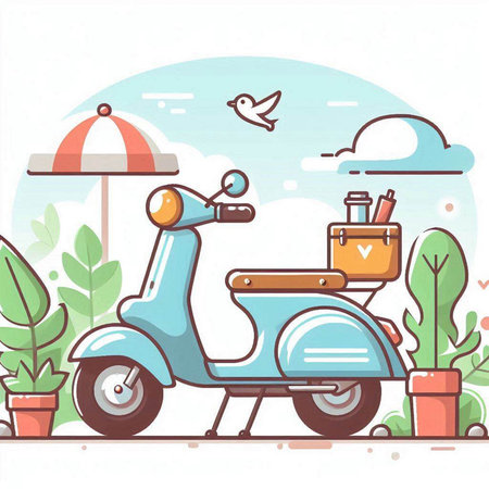 Vector illustration of a scooter delivery service. Flat style design.のイラスト素材