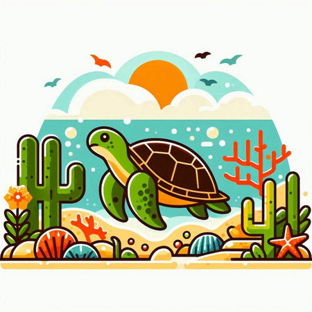 Turtle and cacti on the seashore. Vector illustrationのイラスト素材