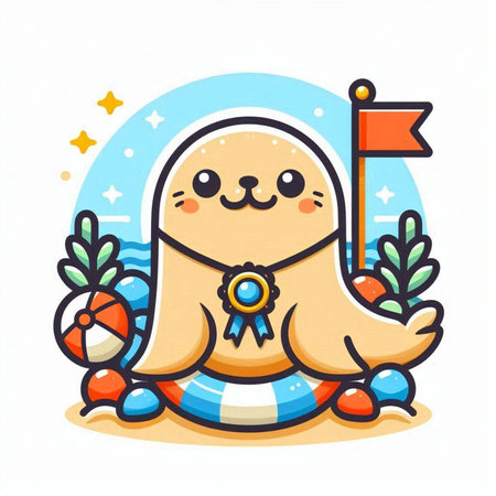 Cute seal with medal and sea lifebuoy. Vector illustration.のイラスト素材