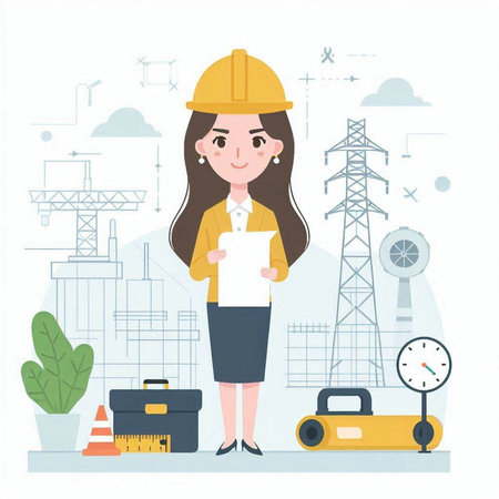 Female engineer in yellow helmet with blueprint. Vector illustration in a flat styleのイラスト素材
