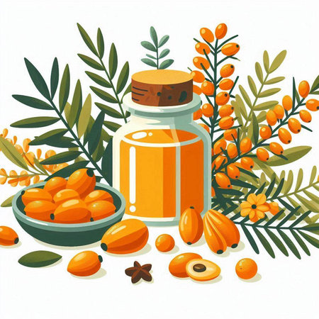 Sea buckthorn oil in a glass jar. Vector illustration.のイラスト素材