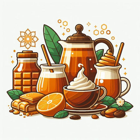 Coffee set. Tea, honey, ice cream, orange. Vector illustrationのイラスト素材