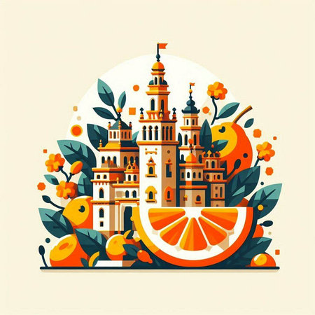 Fantasy castle with orange and leaves. Vector illustration in flat styleのイラスト素材