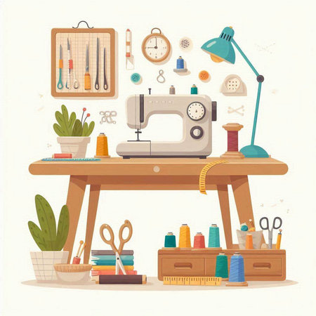 Sewing workshop. Sewing machine and tools. Vector illustrationのイラスト素材