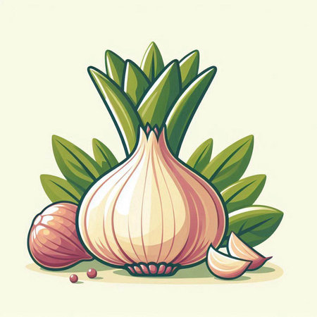 Illustration of a bunch of onions with green leaves and garlic clovesのイラスト素材