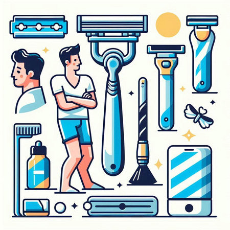 Man shaving with razor in flat line style. Vector illustration of shaving equipment.のイラスト素材