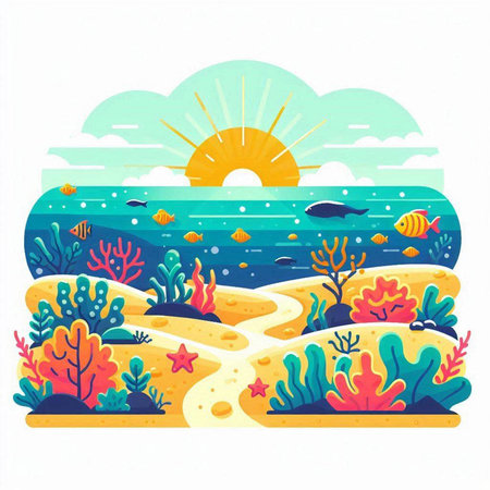 Sea landscape with corals, fish and sun. Vector illustration.のイラスト素材