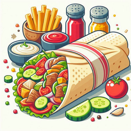 Illustration of a tortilla wrap with fresh vegetables, chips and saucesのイラスト素材