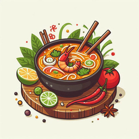 Illustration of a bowl of spicy soup with shrimps and vegetablesのイラスト素材
