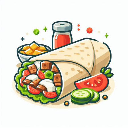 Mexican burrito with beef, vegetables and sauce. Vector illustrationのイラスト素材