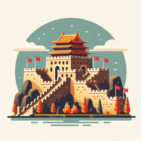 Ancient Chinese fortress. Vector illustration in flat style. Travel to China.のイラスト素材