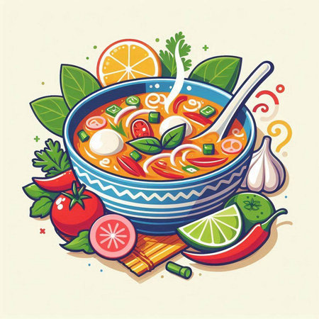 Vector illustration of soup in bowl with ingredients for cooking on light backgroundのイラスト素材