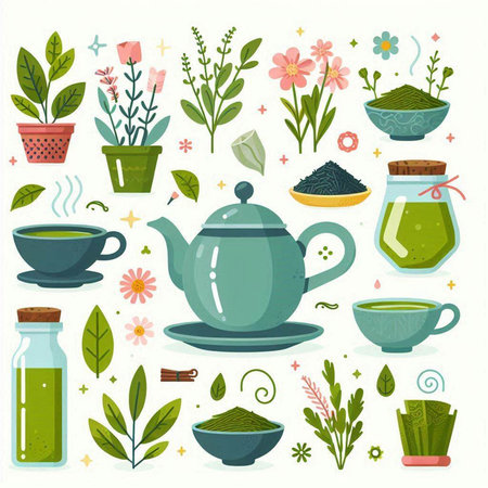 Vector set of teapot, cups and bowls with green tea and herbs.のイラスト素材