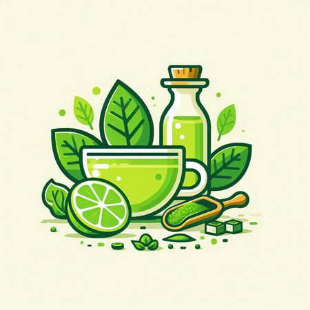 Healthy green tea with lime, herbs and leaves. Vector illustration.のイラスト素材
