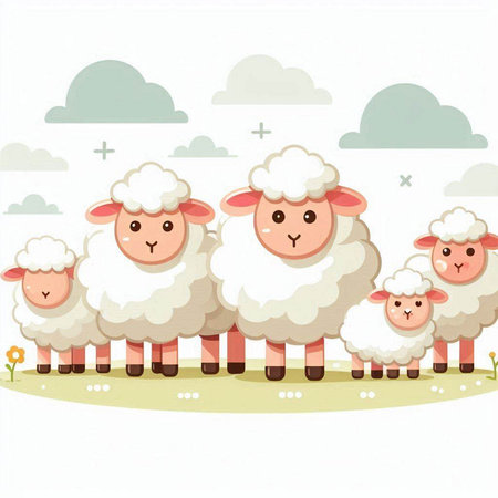 Sheep family in the meadow. Cute cartoon vector illustration.のイラスト素材