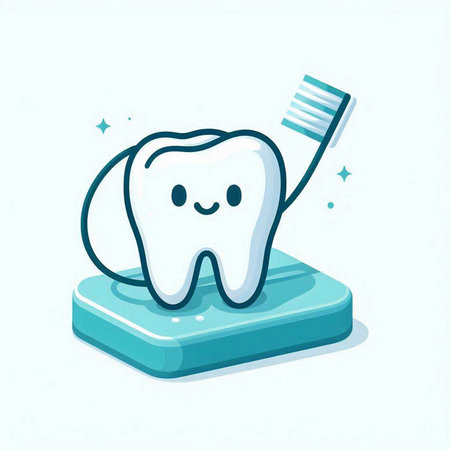 Cute cartoon tooth with toothpaste and toothbrush. Vector illustration.のイラスト素材