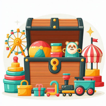 Cartoon vector illustration of a wooden treasure chest with toys and a ferris wheelのイラスト素材