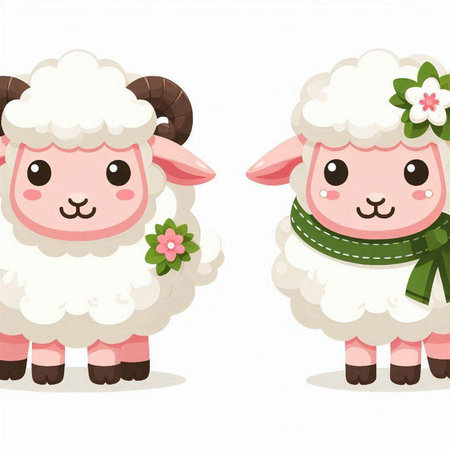Sheep with green ribbon and flower. Cute cartoon animal.のイラスト素材