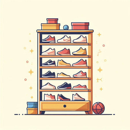 Illustration of a shoe shelf with sneakers, basketball and other items.のイラスト素材