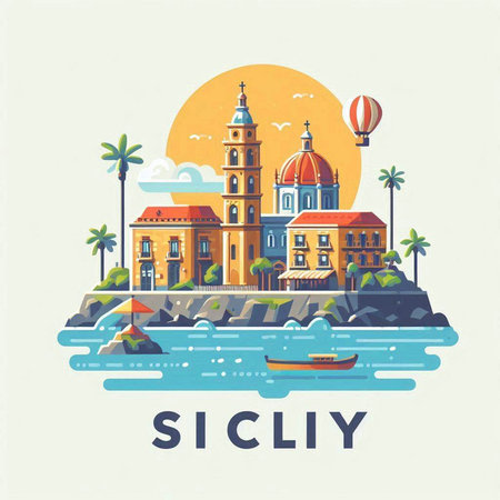 Sicily, Italy. Landmark of the island. Vector illustrationのイラスト素材